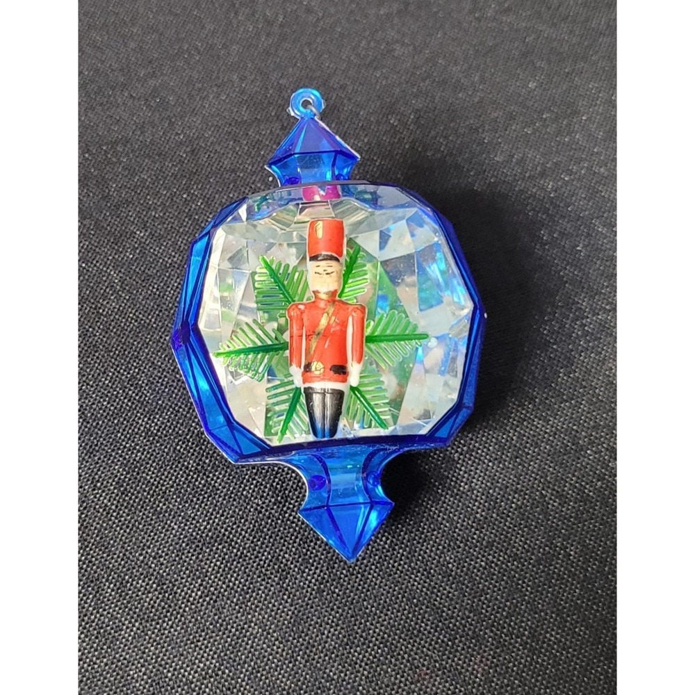 Vintage Blue Jewelbrite Plastic Diorama Christmas Ornament with Toy Soldier